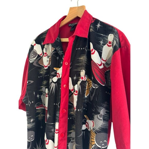VTG Men's Sz XL Red & Black Panel Button Up Bowling Shirt Bowling Pins Mid Cent - Picture 2 of 10